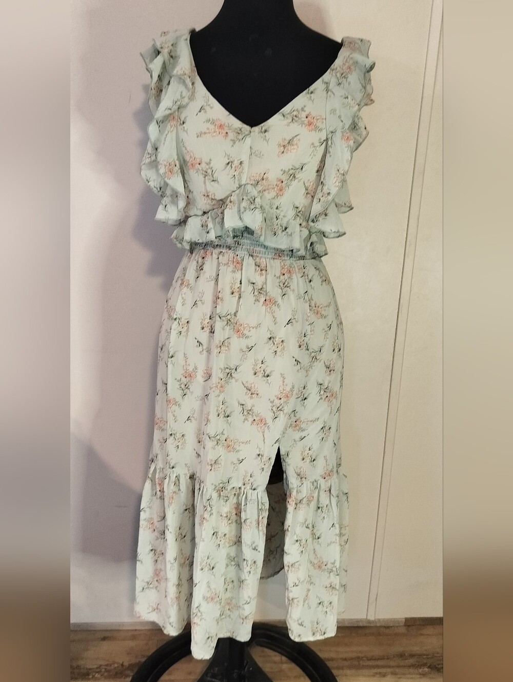 Mint Floral Ruffle Midi Dress with Tiered Skirt